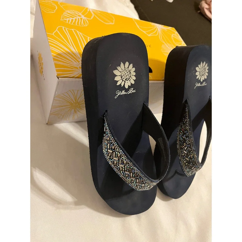Yellow Box Selma Navy Blue Embellished Platform Wedge Flip Flops Sandals  8.5 - Picture 4 of 6